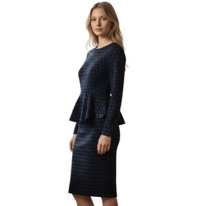 Carlisle Suit Women’s Sz 6 Sz 8 Navy Blue Black Peplum Top Pencil Houndstooth
